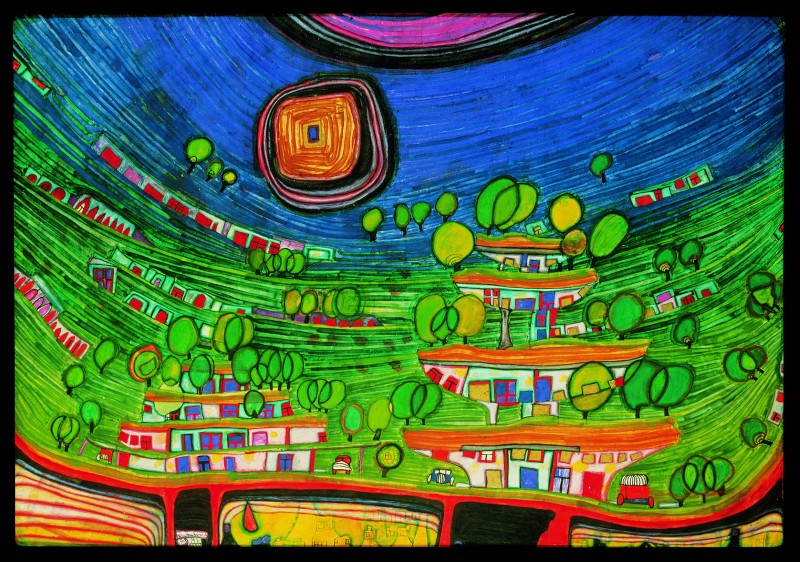 A painting by Hundertwasser: 'Die Häuser hängen unter den Wiesen'
